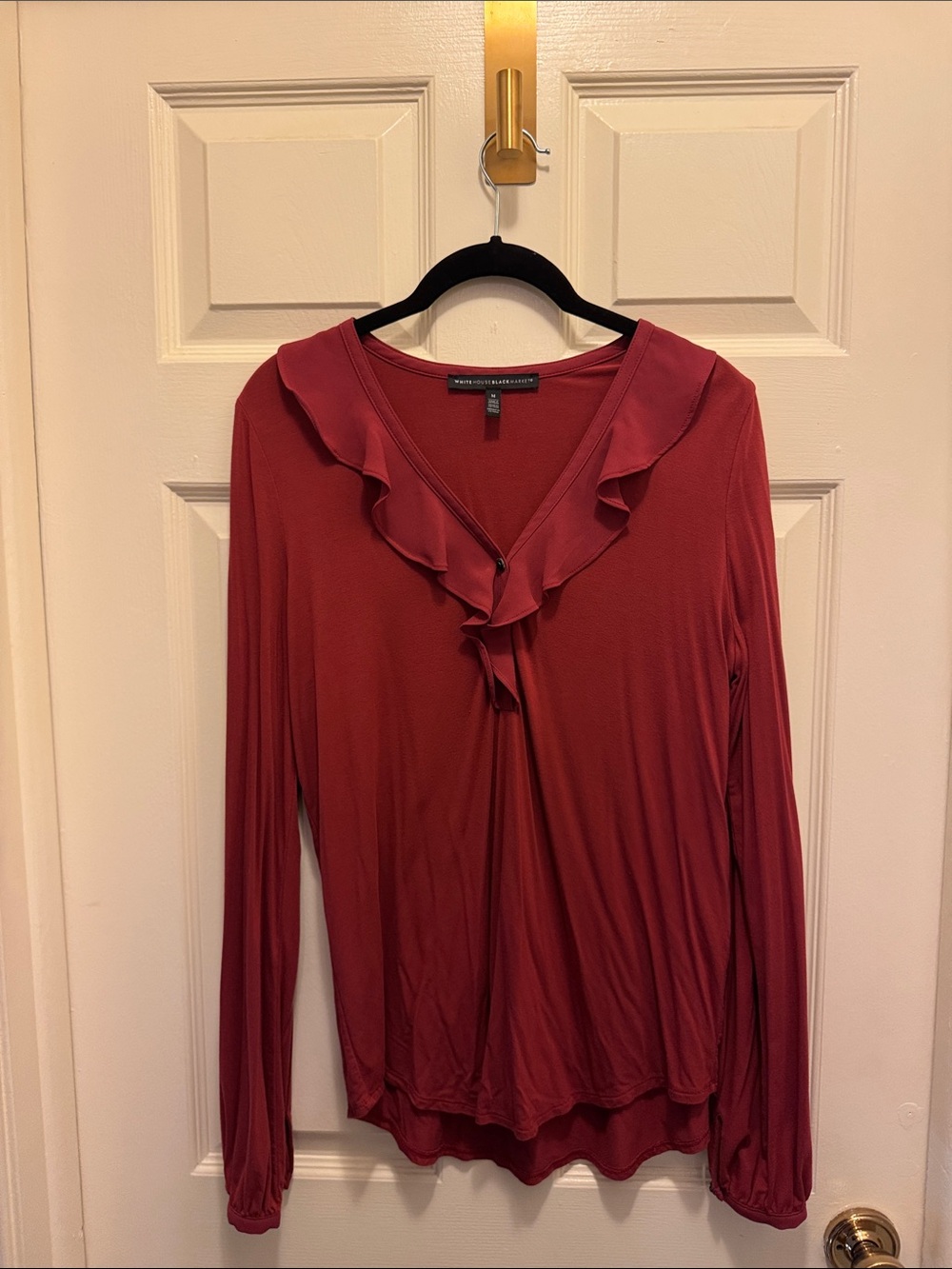 White House Black Market Ruffle V-Neck Long Sleeve Top - Red